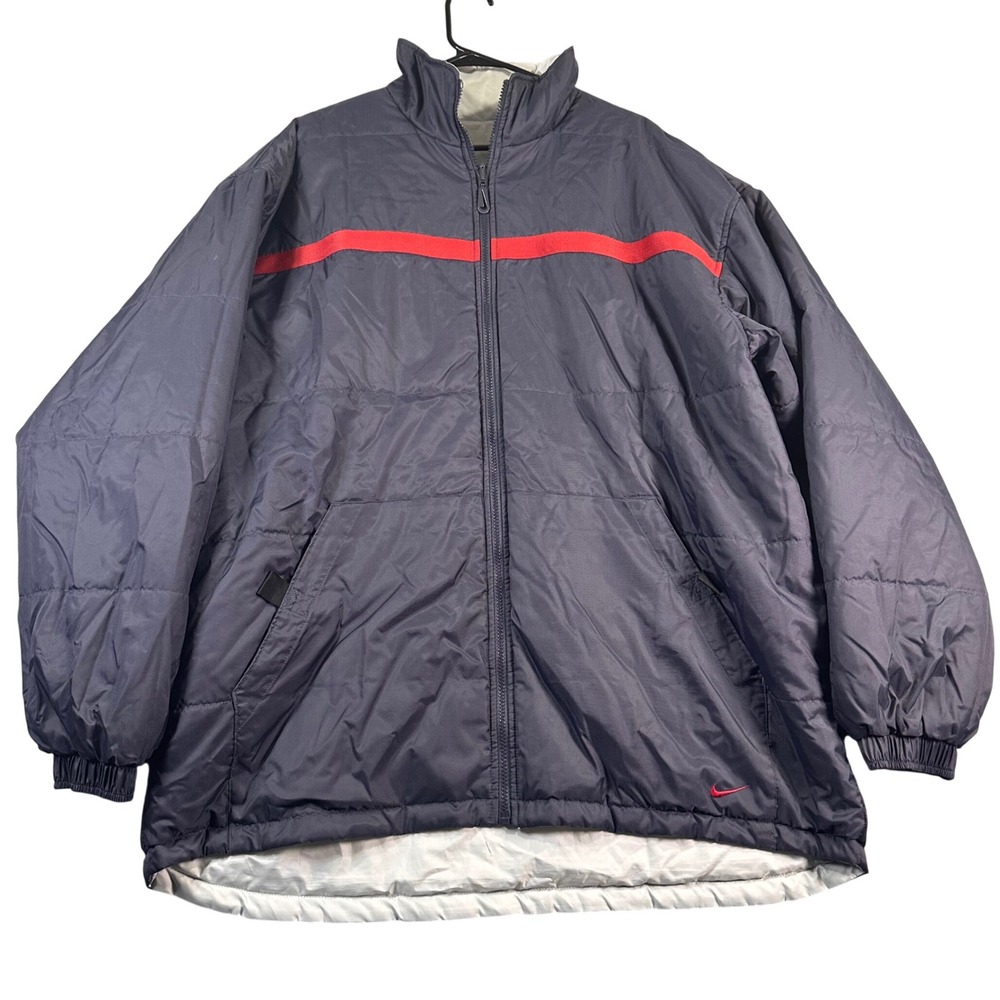 Nike Reversible Puffer Jacket Men XL Blue Gray Zip Up VTG Center Swooch Spellout